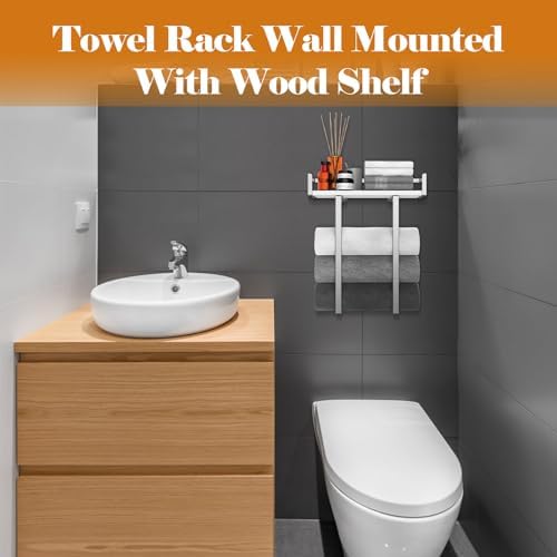 Towel Rack Wall Mounted, Xstydes Metal Towel Holder with Wooden Shelf for Folding Large Towels, Towel Storage for Small Bathroom Organizer Decor or RV Camping, Silver - Image 4