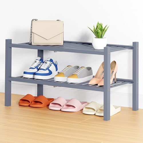 Smiry Bamboo Shoe Rack, 14 Vertical Slats, 2 Tier - 26.8" Wide, Grey by Smiry