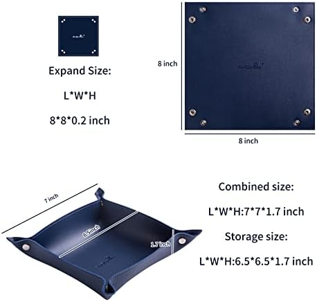 Leather Jewelry Valet Tray for Women and Man, Portable Entryway Table Tray Bedside Nightstand Desk Tray Small Catchall Travel Dish Plate for Key,Wallet,Watch,Coin (8x8, Blue-B) - Image 2