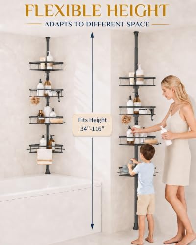 SEIRIONE Rustproof Shower Corner Caddy Organizer for Bathroom, 4-Tier Adjustable Bathroom Shelf with Tension Pole, Solid Rack Ideal for Bathtub Storage, 34 to 116 Inch Height, Black - Image 3