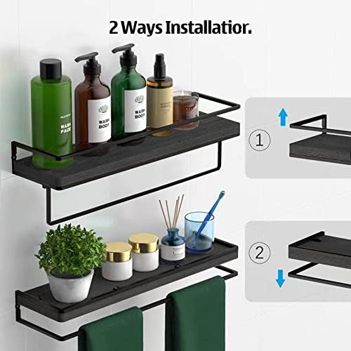 Meangood Floating Shelves Wall Mounted Set of 2, Wall Shelf with Towel Bar Rustic Wood Wall Storage Shelves for Bedroom,Living Room,Bathroom, Kitchen Black - Image 5