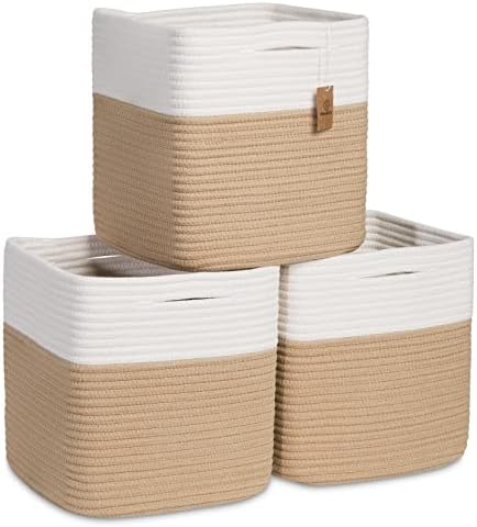 NaturalCozy Storage Cubes 11 Inch Cotton Rope Woven Baskets for Organizing, 3-Pack | Cube Storage Bin | Square Storage Baskets for Shelves Organizer, Classroom, Kids Toy Bins, Closet, Baby Nursery by NaturalCozy