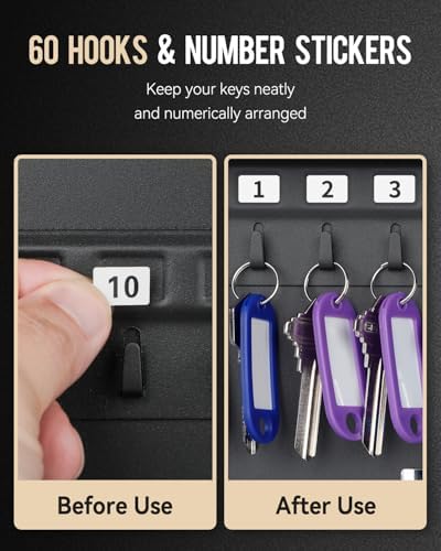 Uniclife 60 Position Key Cabinet with Key Lock Wall Mounted Black Security Storage Box Steel Key Organizer with Colorful Key Tag Labels Stickers and Hooks - Image 3