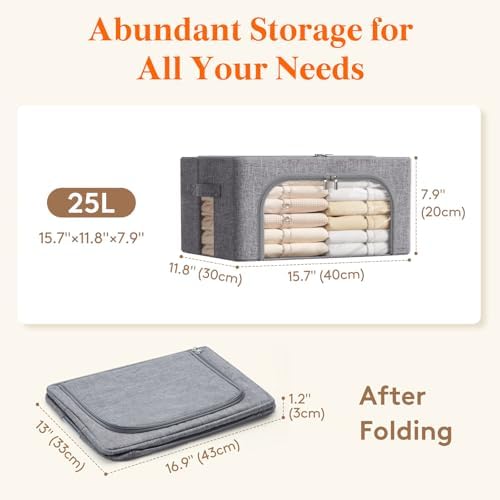 Lifewit Clothes Storage Bins with Metal Frame, Stackable Storage Box, Foldable Clothing Storage Bins with Lids, 25L Storage Bags Fabric Box Organizer with Clear Window＆ Zippers＆ Sturdy Handles 4 Pack - Image 4