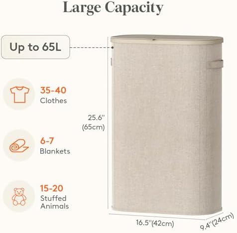 Lifewit Slim Laundry Basket with Lid and Removable Bag, 65L, Beige - Image 3