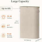 Lifewit Slim Laundry Basket with Lid and Removable Bag, 65L, Beige - Image 3