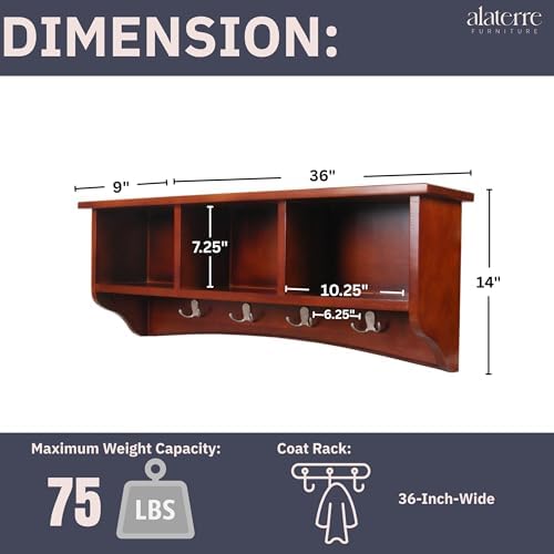 Shaker Cottage Wall-Mounted Coat Rack with 3 Storage Cubbies and 4 Hooks – 36" Space-Saving Entryway Organizer, Mudroom and Hallway Wall Shelf by Alaterre Furniture (Cherry Finish) - Image 3