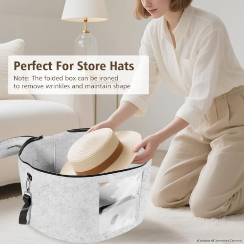 HEAVYWOOD Hat Box for Women Storage Travel Felt Hat Case for Wide-Brim Cowboy Hat Storage Foldable Organizer for Closet Large Round Hat Carrier with Portable Handle Shoulder Strap (Light Gray) - Image 4