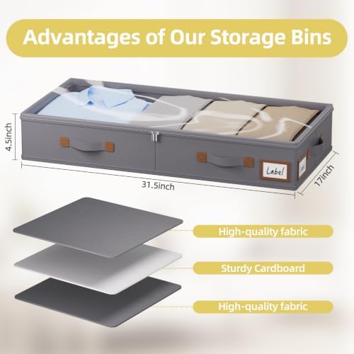 FHSQX Under Bed Storage Container 2Pack 4.5 Inches Low Profile Under-bed Organizer Bins Slim Under Couch Storage Box Ideal For Seasonal Clothes Blankets Towel Fabric (2, Drak Grey, 31.5 * 17 * 4.5in) - Image 4