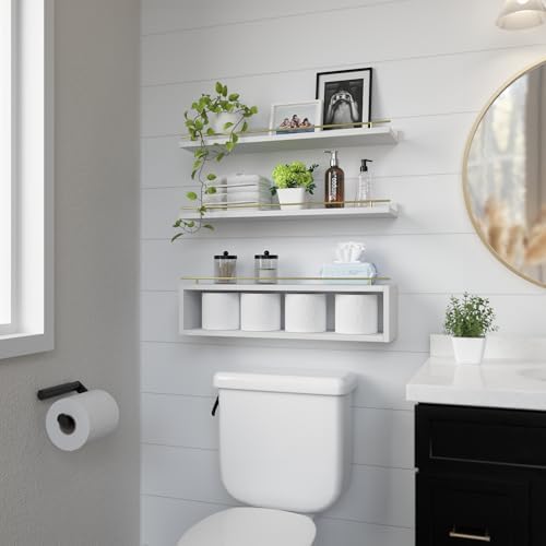 WOPITUES Floating Shelves for Wall 24 inch with Cube Shelf, Wall Shelves with Metal Rail for Decor, Bathroom Organizers and Storage, Over Toilet Shelves for Bathroom, Toilet Paper-White&Gold - Image 4
