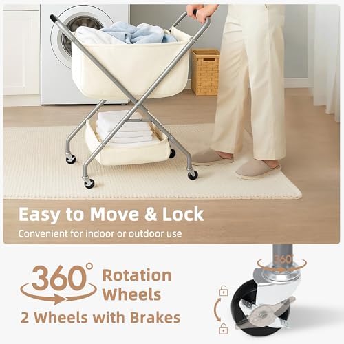 STORAGE MANIAC Collapsible Laundry Cart with Wheels 31.5"H Rolling Laundry Hamper Clothes Basket with Wheels, Canvas Liner Sturdy Steel Frame Folding for Small Narrow Space Easy Storage, Beige - Image 5