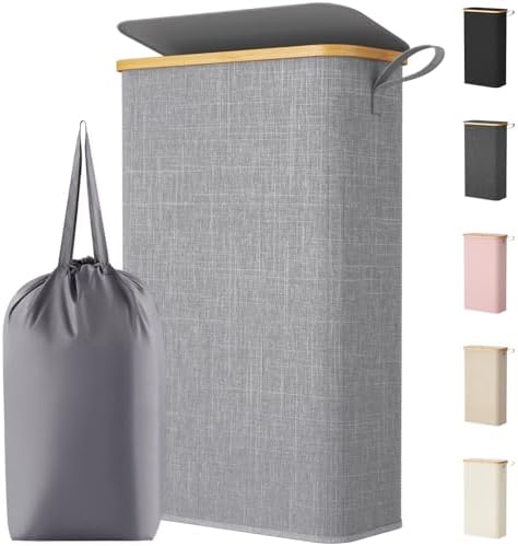 Lifewit 65L Slim Laundry Hamper with Lid, Narrow Laundry Basket with Removable Bag & Bamboo Handles, Fodable Thin Dirty Clothes Hamper for Laundry Collapsible Bin for Bathroom Bedroom Dorm, Gray by Lifewit