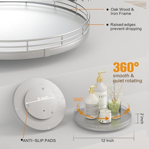 Oroyutor 12-Inch Oak Lazy Susan Decorative Tray with Silver Metal Rail - Image 5