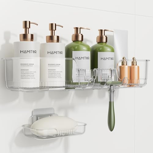HAMITOR 2 Pack Adhesive Shower Caddy, Clear Transparent Shower Organizer by HAMITOR