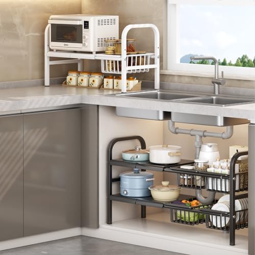 Under Sink Organizer，2 Tier Expandable Heavy Duty Metal Shelf，with 5 Removable Panels and 5 Storage Basket for Under Kitchen Bathroom Sink Organizers and Storage (White, X-Large) - Image 3