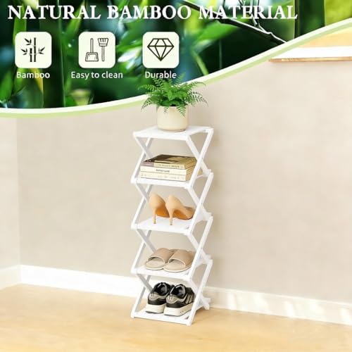 Bamboo Shoe Rack - No Assembly Required, Tall Narrow Foldable Shoe Organizer, Space-Saving Multifunctional Shelf for Entryways, Corners, Bedrooms, Balconies, 7 Layer White (Reinforced And Thickened ) - Image 4