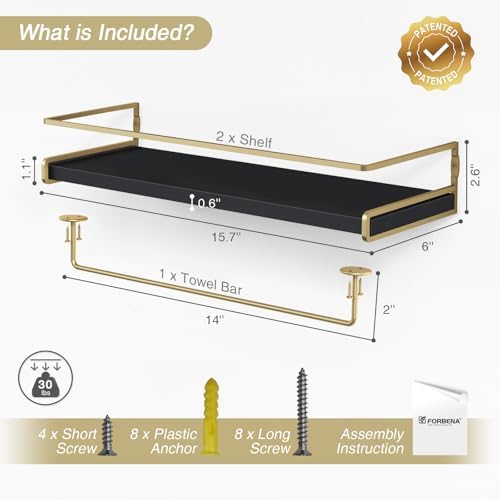 Forbena Black and Gold Bathroom Floating Shelves for Wall, Decorative Wall Mounted Shelves for Kitchen Coffee Bar Station Organizers and Storage, Hanging Shelving Unit for Bedroom Living Room (2-Pack) - Image 3