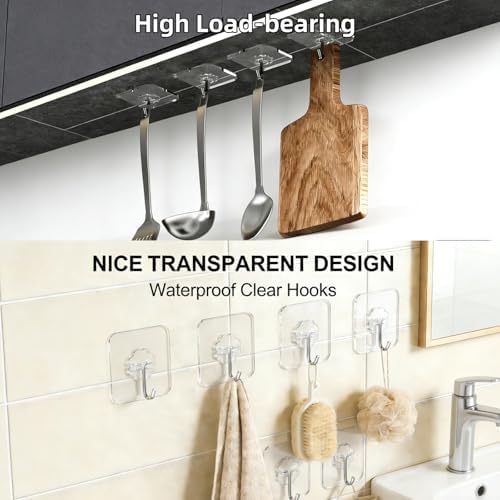 DDMY Hooks for Hanging, 50 Pack Wall Hooks 50lb(Max) Transparent Reusable Waterproof Adhesive Hook for Kitchen Curtain, Towel Hook for Bathrooms, Heavy Duty Self Coat Hook for Walls No Damage - Image 2