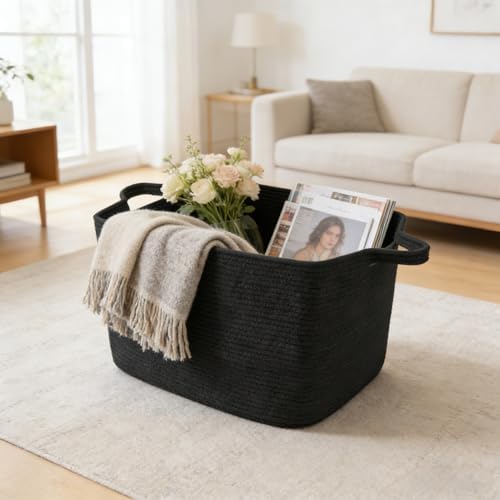 96L Woven Laundry Basket with Handles, Extra Blanket Basket,Black - Image 4