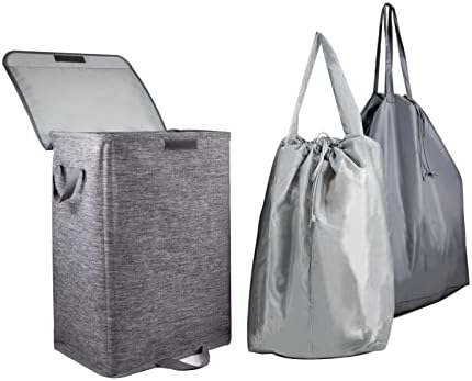 Foldable Laundry Hamper with 2 Removable Drawstring Bags,Portable Laundry Basket with Lid & Easy Carry Handle,Durable Clothes Hamper for Space-Saving Organizer in Bedroom,Bathroom,Dorm,Nursery,RV,Grey by KANCNT
