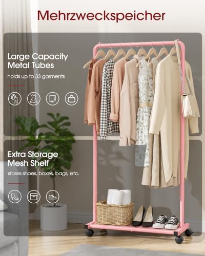 Sakugi Clothes Rack - Clothing Rack with Storage Mesh Shelf & Casters, Heavy-Duty Metal Clothing Rack for Hanging Clothes, Dresses, Coats, Large Load Capacity, Easy Assembly, Pink, 28.0"x16.9"x59.0" - Image 5
