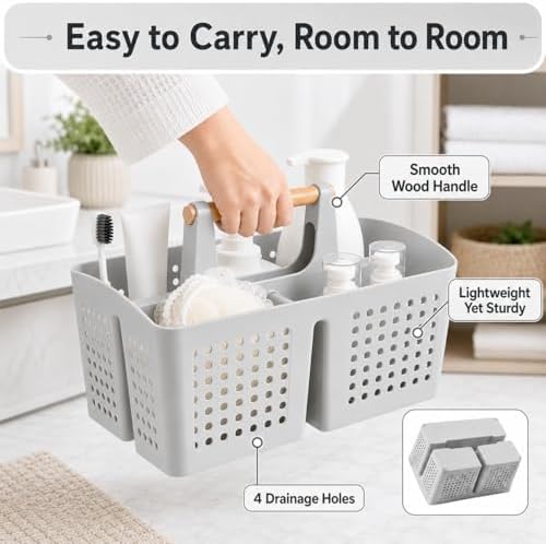 Portable Shower Caddy Basket with 3 Compartments and Handle, Light Gray - Image 7