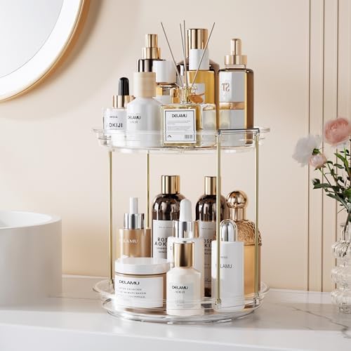 Delamu Rotating Makeup Organizer for Vanity, 2 Tier Bathroom Counter Organizer with Stackable Design, Spinning Skincare Organizer for Bathroom Countertop, Perfume Cosmetic Storage, Clear - Image 7