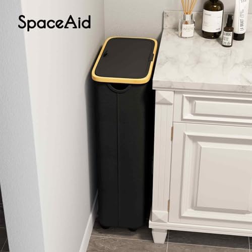 SpaceAid Slim Laundry Hamper with Wheels and Lid,62L Rolling Narrow Clothes Basket with Bamboo Handle, Large Laundry Hamper for Bedroom, Bathroom, Dorm, Laundry Room - Black - Image 7