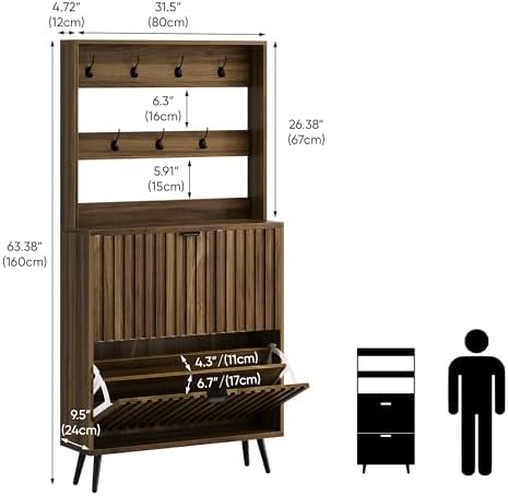 Smart FENDEE Tall Shoe Cabinet with Coat Rack,Fluted Shoe Cabinet Storage for Entryway, Walnut Hidden Shoe Cabinet with Metal Legs,Shoe Organizer Cabinet, Slim Entryway Shoe Storage Cabinet （31.5in） - Image 2