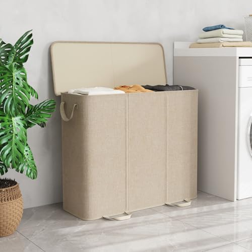 Lifewit Triple Laundry Hamper with Lid, Removable Laundry Bags, Beige - Image 2