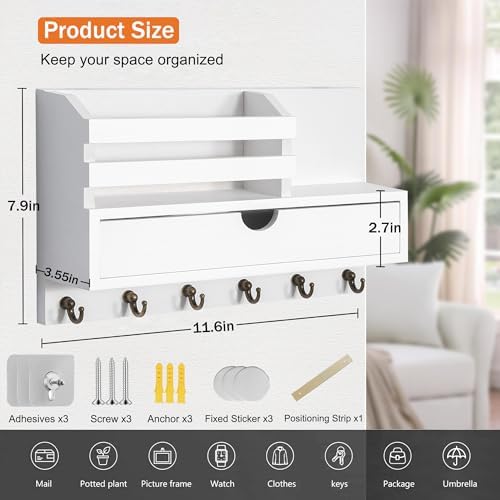 dreampossible Key and Mail Holder for Wall, Mail Organizer Wall Mount with 6 Hooks and Storage Drawer, Wooden Key Rack Hanger with Shelf for Entryway and Home Decor - Image 6