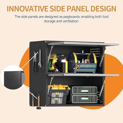 Metal Garage Wall Cabinet with Up-Flip Door, Black Float Tool Cabenit with 2 Doors,Upper Storage Cabinets with Pegboard for Kitchen,Garage,Workshop,Warehouse (25.6" H,Black&Gray) - Image 6
