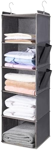 BOOMIBOO Hanging Closet Organize and Shelves，5-Hanging Shelf with 2 Side Pockets，Storage Foldable （Grey） | Dorm Room Essentials, Clothes Organizer with 2 Side Pockets, Hanging Shelves for Closet Storage, Breathable Fabric by BOOMIBOO