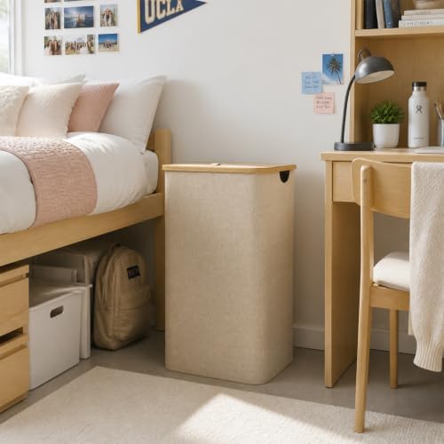 Lifewit 105L Laundry Basket with Lid, Clothes Hampers for Laundry with Bamboo Handles and 1 Removable Bag, Large Foldable Laundry Hamper for Bedroom, Bathroom, Dorm, Laundry Room, Beige - Image 2