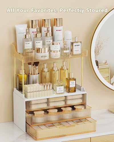 Anylady Bathroom Organizers and Storage, Makeup Organizer (Sturdy Durable Attractive), Ideal for Vanity, Countertop, Counter, Perfume, Skincare, Cabinet, Cosmetic, Dresser Organizer (Gold) - Image 2