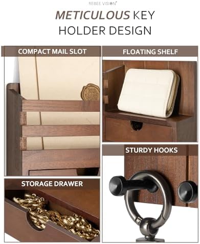 Rebee Vision Key Holder Wall Mount with 2 Drawers for Entryway, Brown - Image 3