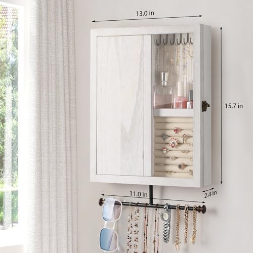 Keebofly Wall Mounted Rustic Wood Jewelry Organizer Cabinet - White - Image 6