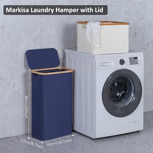 Slim Laundry Basket,60L Laundry Hamper with Lid, Tall Hamper for Laundry,Dirty Cloth Hamper with Bamboo Handle for Toys,Towels, Clothes Organizing, Navy Blue - Image 3