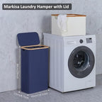 Slim Laundry Basket,60L Laundry Hamper with Lid, Tall Hamper for Laundry,Dirty Cloth Hamper with Bamboo Handle for Toys,Towels, Clothes Organizing, Navy Blue - Image 3