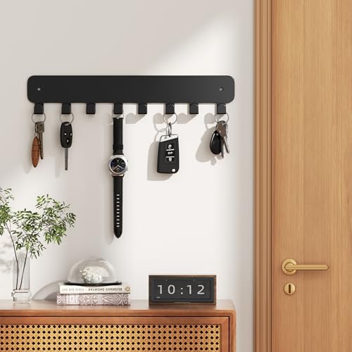pickpiff Key Holder Wall Mount, Adhesive Key Rack with 8 Hooks Hanger for Car Key Ring, Metal Key Chain Organizer, Black 1 Pack - Image 2