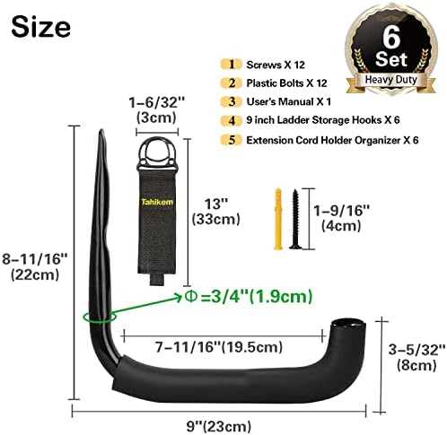 6 Pack 9-Inch Wall Mount Garage Storage Hooks for Ladder & Tools - Image 2