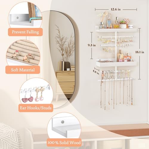 Keebofly Wall Mounted Jewelry Organizer with 2 Tired Shelves & Ring Holder- Jewelry Holder Wall Storage Display for Earrings, Necklace, Bracelet, Hair Accessories for girls in Bathroom Bedroom, White - Image 4