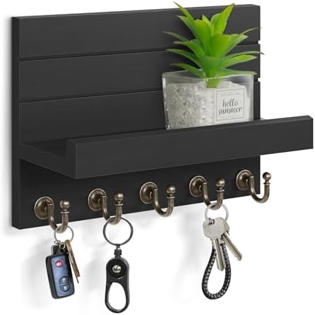 HONJIN Key Holder Wall Mount with Shelf and 5 Sturdy Key Hooks (Black) by HONJIN