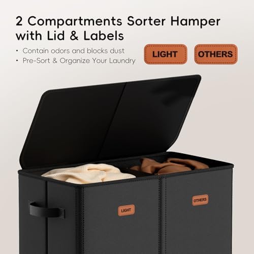 150L Double Laundry Hamper With Lid, Large Clothes Hampers with Removable Bag, Laundry Hamper 2 Section for Bathroom, Bedroom, Laundry Room, Dorm, Black - Image 4
