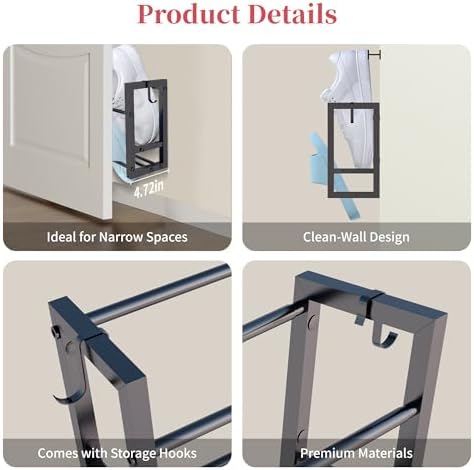 2 Pack Wall Mounted Shoe Rack for Narrow Spaces, Hanging Shoe Rack Holds 16 Pairs, 17"-30"Adjustable Heavy Duty Wall Shoe Storage with 4 Storage Hooks, Space Saving for Closet Entryway Door, Black - Image 6