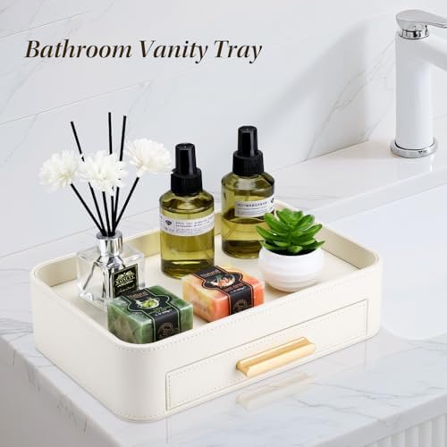 GORESE PU Leather Valet Tray with Drawer, Nightstand Organizer Catch All Tray for Jewelry Perfume Purse Trinket Key Holder, EDC Trays for Desk Vanity Entryway Table, Gift for Women Men, Cream White - Image 6