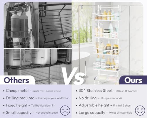 SWTYMIKI Over the Door Shower Caddy - 5 Tier Adjustable Shower Organizer Hanging with Soap Holder, No Drilling Stainless Steel Bathroom Rack Hanging for Body Wash, Shampoo, Soap, Razor, White - Image 3
