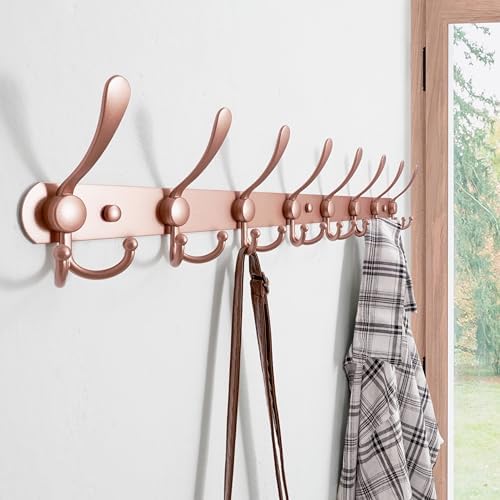 Dseap Coat Rack Wall Mount - 29.5” Long 8-Tri-Hooks Heavy Duty Coat Hanger Rail Wall Hooks for Hanging Coats Hats Clothing Clothes Purse Mudroom Entryway, Rose Gold - Image 5