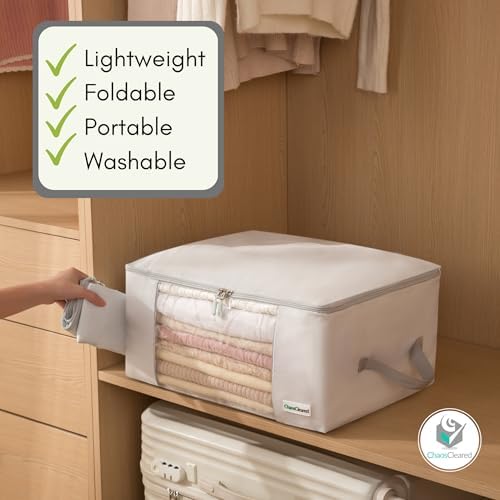 2 Pack Clothing Storage Bags Clothes Organizer folding fabric bags for sweaters, clothing, garment, bedding, quilt, linens, large folding organizers with zip & window, mothproof underbed space savers - Image 6