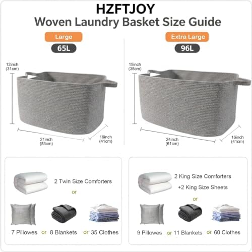 96L Woven Laundry Basket with Handles, Extra Blanket Basket, Grey - Image 2